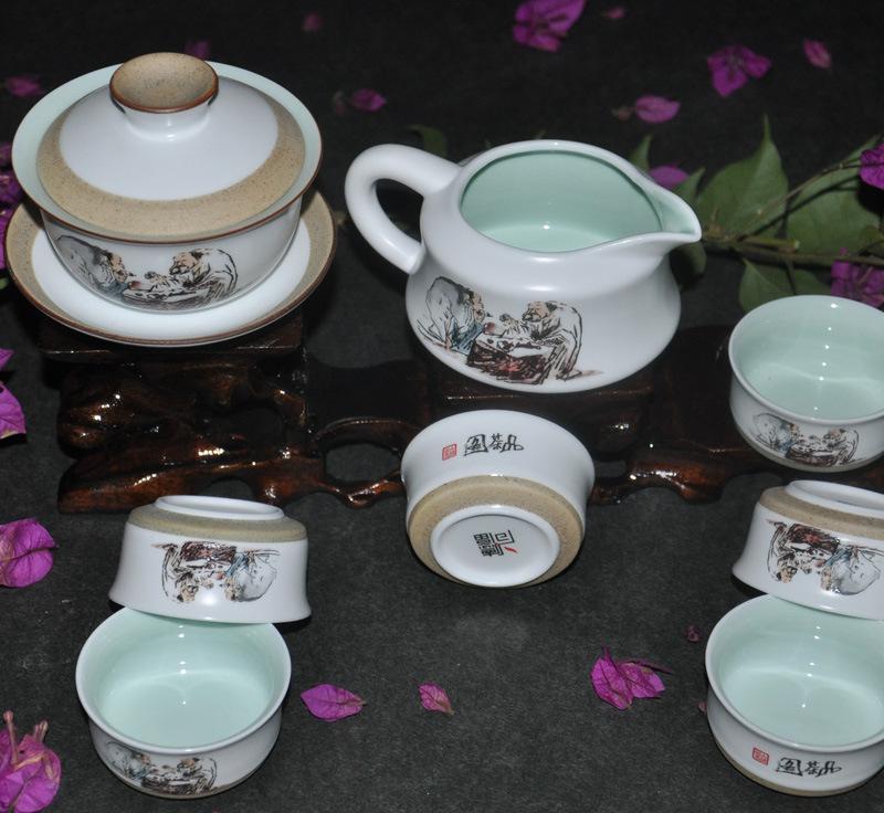 尚德福 新品 定窑玉映砂三才盖碗品茶图套装 茶壶 茶海 品茗